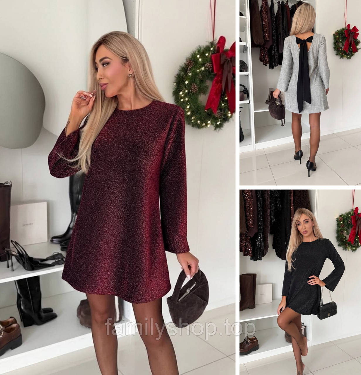 Жіноче ошатне коротке плаття трапеція А-силуету з люрексу з бантом на спині, фото 1