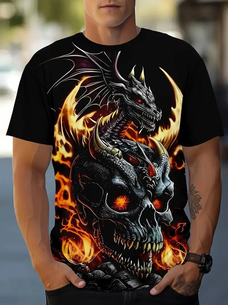 Футболка чоловіча з 3D принтом Вогняний Череп з Драконом для активних людей, готів, байкерів L 52, фото 1