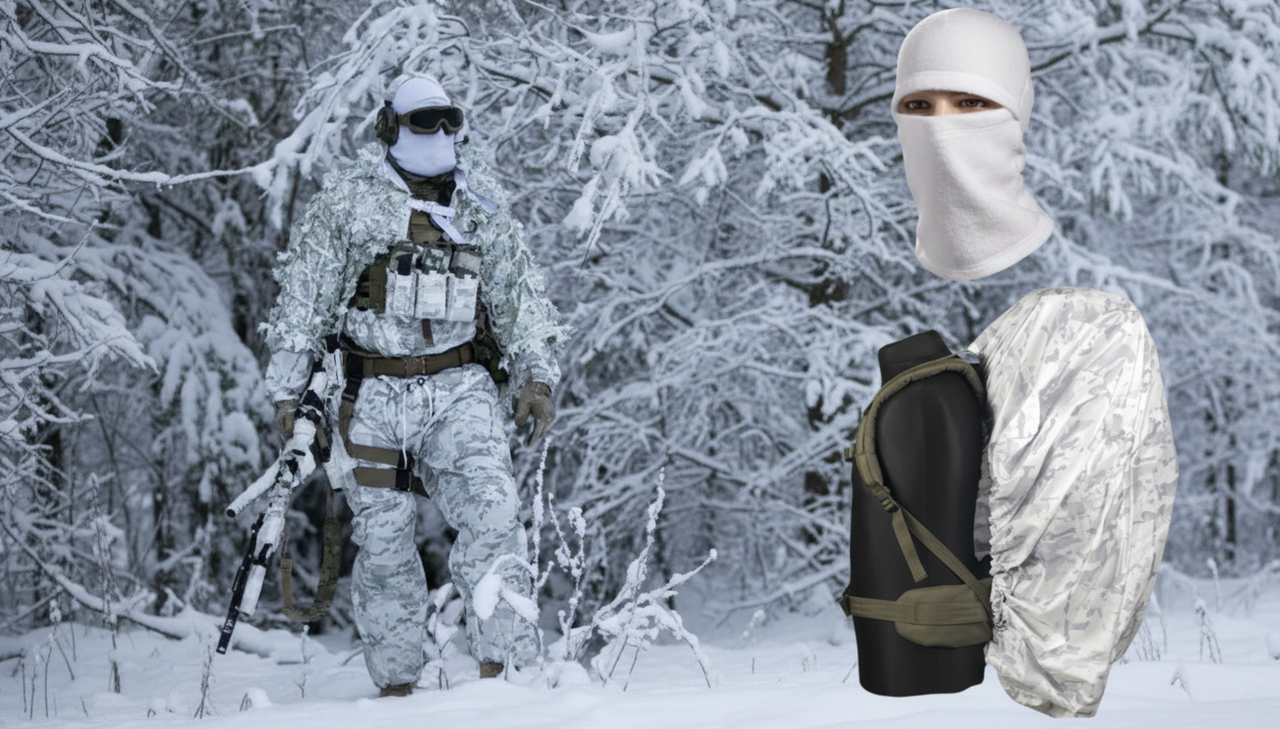 Маскувальний костюм Multicam Alpine 3 в 1: куртка + штани + балаклава біла + кавер на рюкзак 80–120 л (сніговий маскхалат антидрон