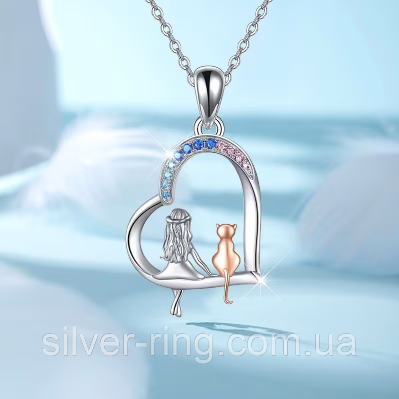 Жіночий кулон у формі серця та котячим талісманом, фото 1