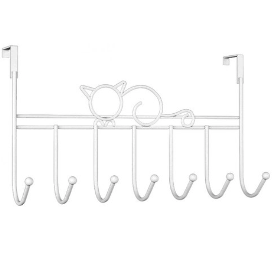 Вішалка металева на двері 7 гачків Кішка білий, фото 1