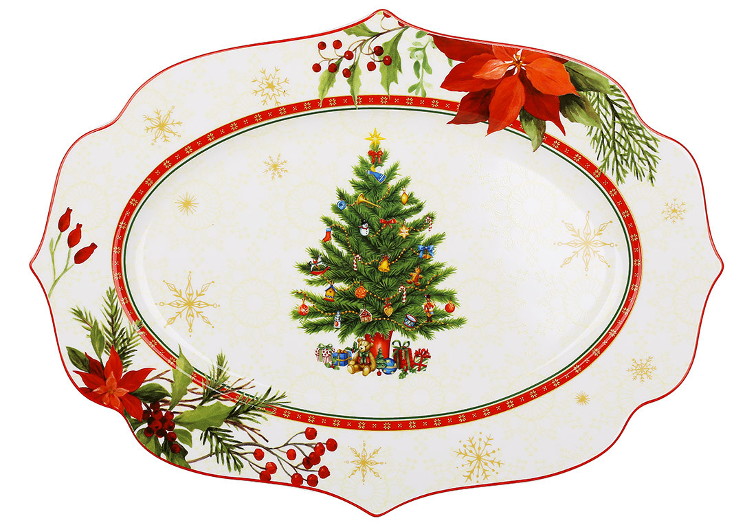 Блюдо новорічне з ялинкою та різдвяними квітами 35 см, фото 1