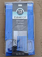 Штора у ванну однотонна з прозорим верхом блакитна  шторка до ванної 180 х 180 см