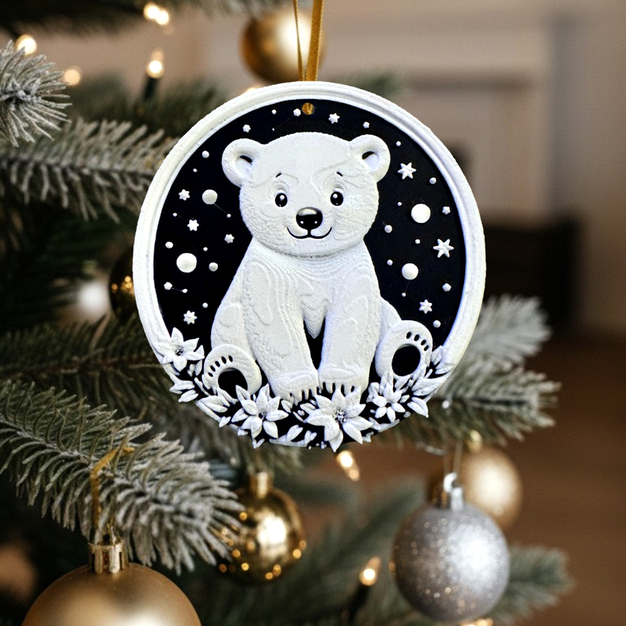 Підвіска новорічна на ялинку Білий ведмідь 3D, різдвяна іграшка декор 85×85×2 мм