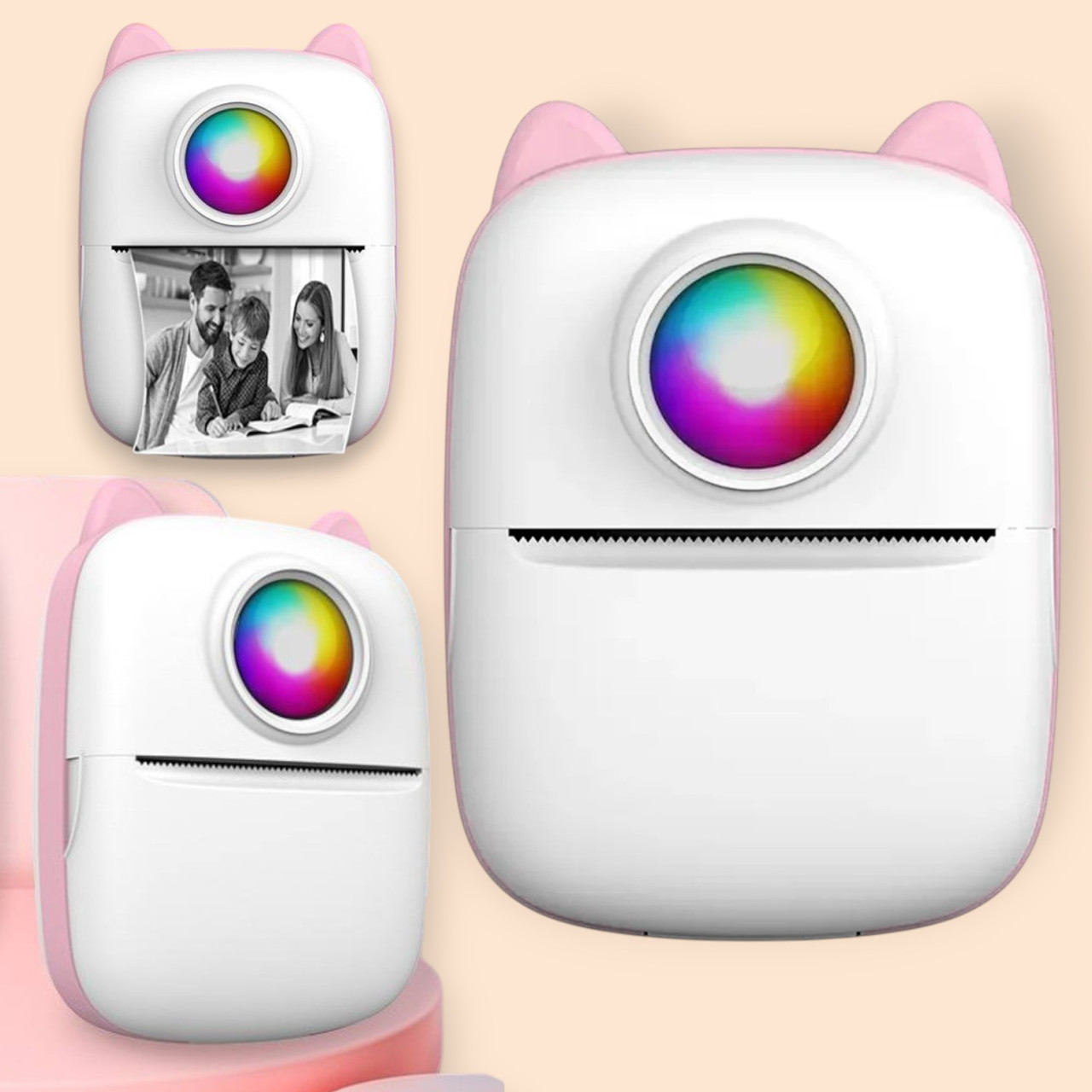 Портативний дитячий термопринтер X2 Cat Bluetooth міні принтер для смартфона, термодрук 57 мм, без чорнила, рожевий, фото 1