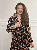 Жіночий леопардовий халат м який теплий міді / Жіночий халат леопард довгий рукав з поясом / Жіночий халат домашній леопардовий ут