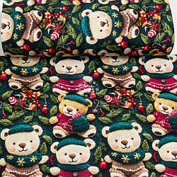 Ранфорс digital 5D шириною 240 см "Ведмедики в зелених шапках на фетровому тлі", №5839