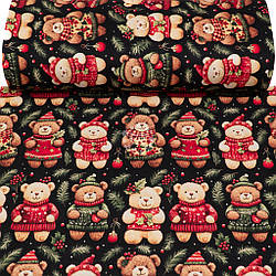 Ранфорс digital 5D шириною 240 см "Ведмедики у в'язаних светрах на темному тлі", №5836
