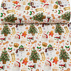 Ранфорс digital 5D шириною 240 см "Новорічні атрибути на білому", №5838