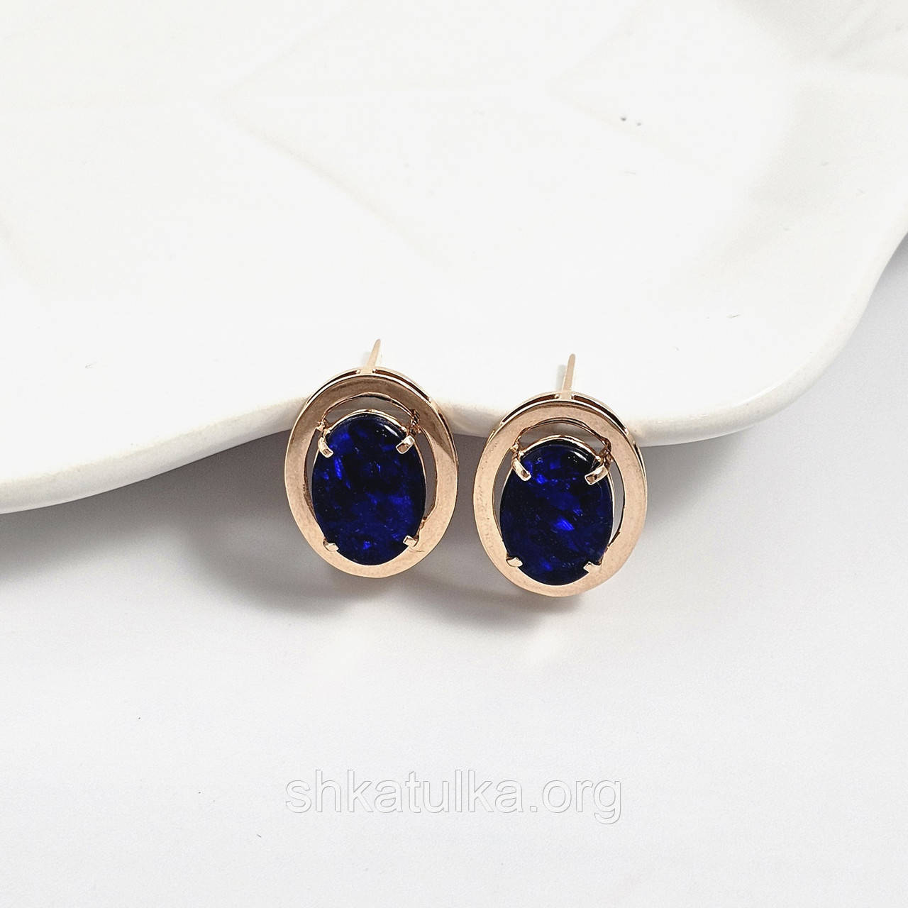 Сережки золоті з синім каменем опалом овальним