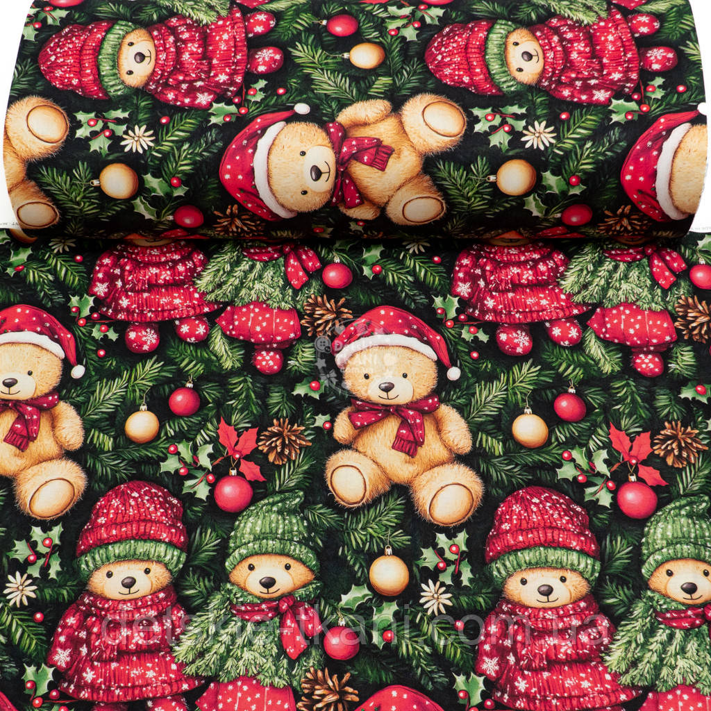 Ранфорс digital 5D шириною 240 см "Великі ведмедики в червоній шапці і гілочки ялинки", №5833, фото 1