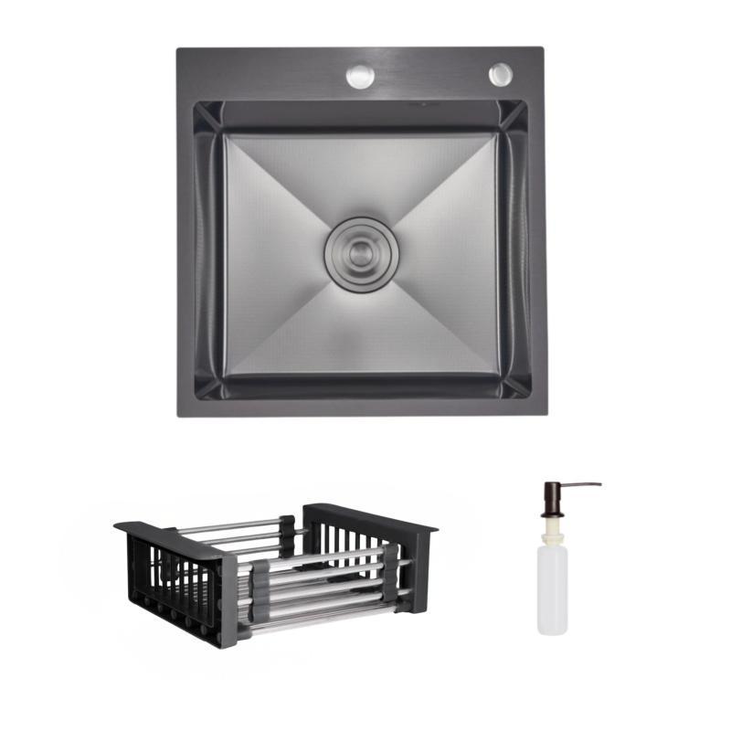 Комплект Lidz Handmade H5050HB Мийка для кухні чорна 50х50 см Decor Black PVD Honeycomb в комплекті з дозатором та кошиком, фото 1