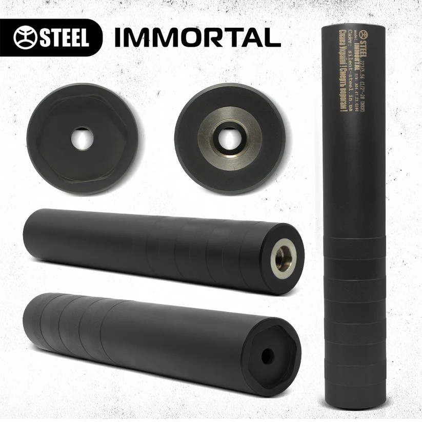 Саундмодератор IMMORTAL Калібр: 5.56(.223), 7.62, 5.45, .308, 9mm, 6.5 Різьблення: будь яке Габарити: 220х38 Вага: 540 гр