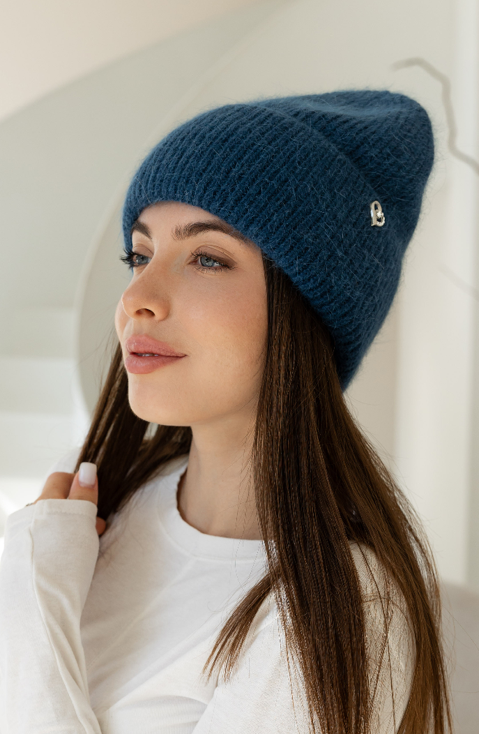 Тепла жіноча шапка "Ангора Серденько" з флісовою підкладко Синій