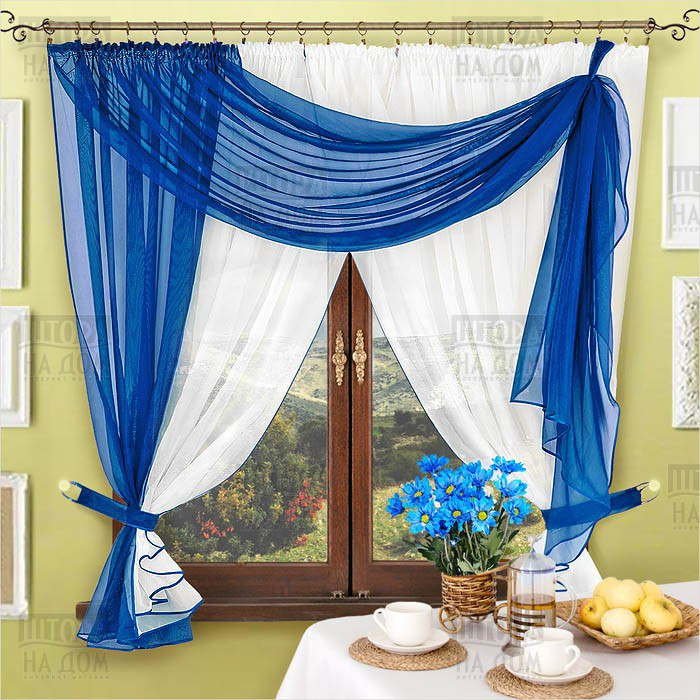 Комплект штор Мілена Синій, кухонний (Вуаль)