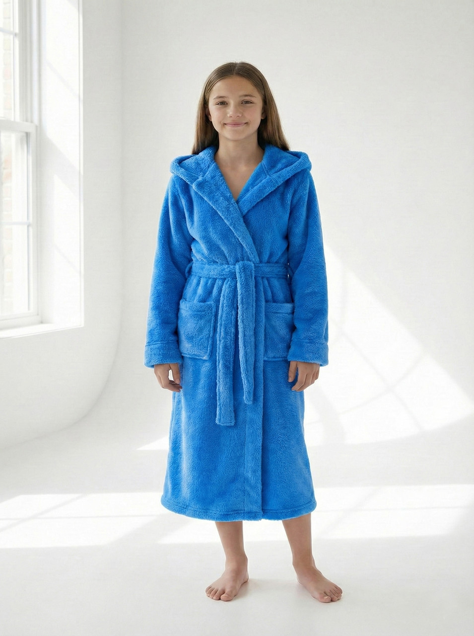 Підлітковий халат махровий з капюшоном для дівчинки, блакитний, софт-махра, фото 1