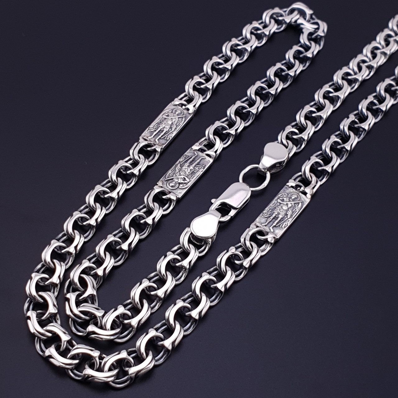 Широка чоловіча срібна цепочка бісмарк зі вставками Архангела Михайла, 7 мм, 55 см, фото 1