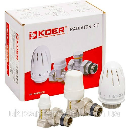 Набір кранів з термостатичними головками кутовий KOER (Чехія) комплект з термоголовкою набір для радіатора, фото 1