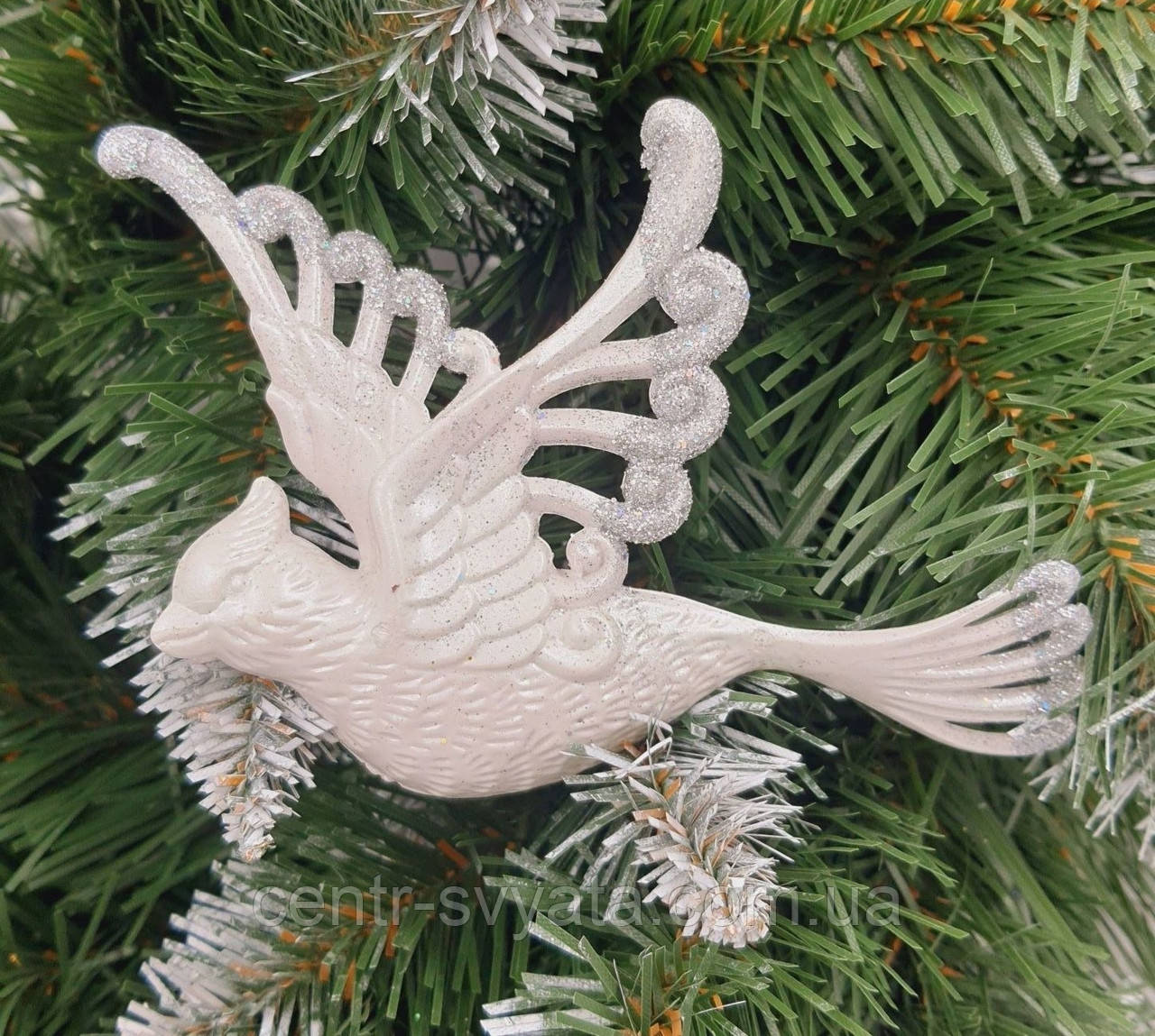 Новорічна іграшка "Пташка біла з сріблястим блиском" 13х9 см