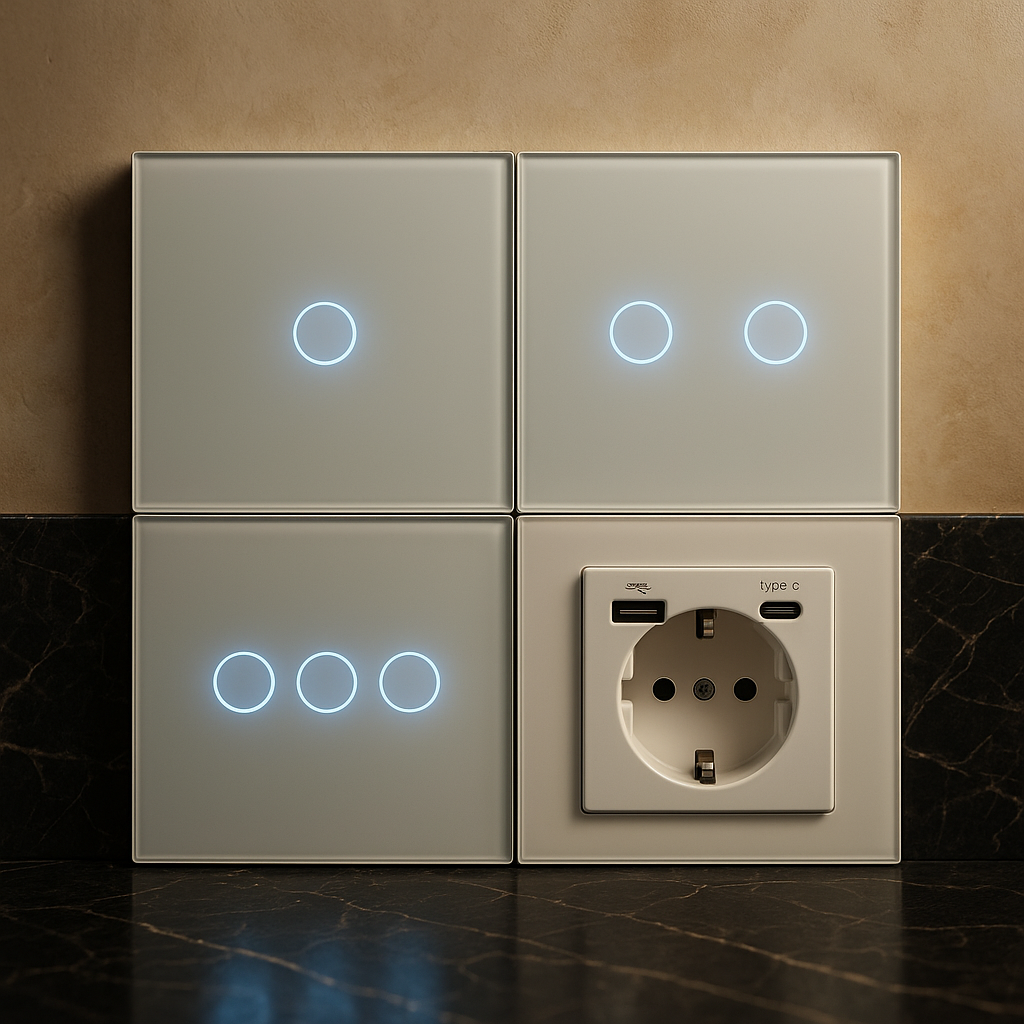Сенсорні вимикачі світла Palermo білі Одинарний, Подвійний, Потрійний + Розетка NYWP з USB і Type C зі скляною панеллю