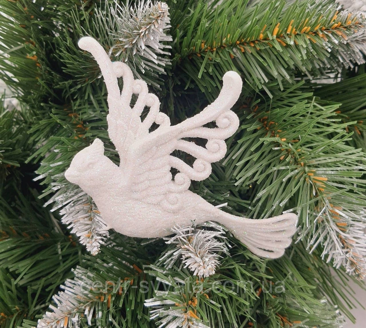 Новорічна іграшка "Пташка біла з голографічним блиском" 13х9 см