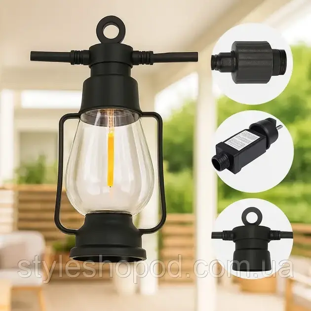 Гірлянда вулична з лампочками 220 В, ретро лампи E27, тепле світло, IP65 — SFK-49, фото 1