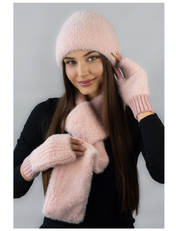 Шапка жіноча + мітенки + шарф комплект світла пудра, фото 1