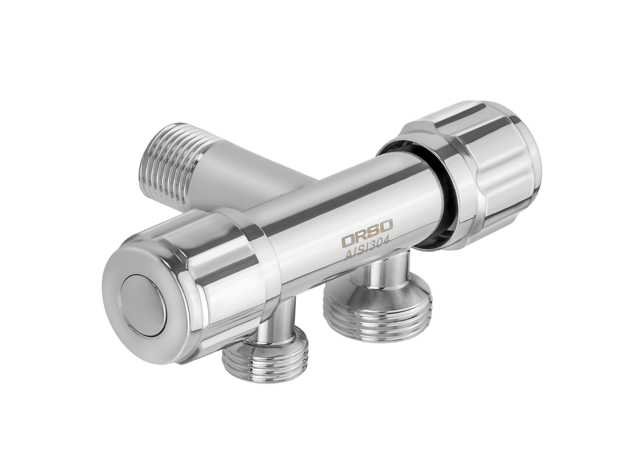 ORSO Кран приладовий дві букси 2 виходи 1/2*1/2*3/4х90*гр.(вгору або вниз. хром., фото 1