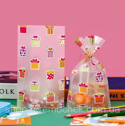 Пакети з малюнком Подарунки 28х20х6 см для подарунків із затискачами набір 10 шт об'ємне дно, фото 1