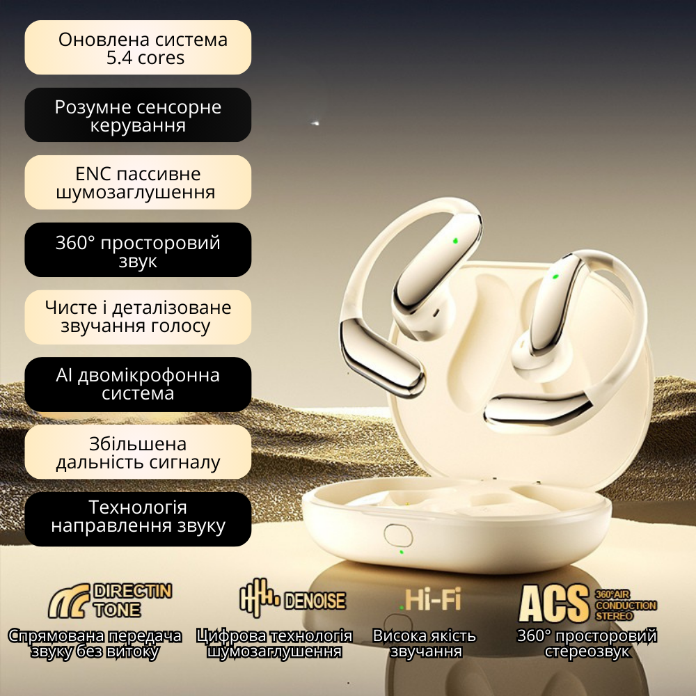 Навушники бездротові  з шумозаглушенням, сенсорним управлінням і просторовим аудіо, спортивні Bluetooth, Type-C, золотисті, фото 1