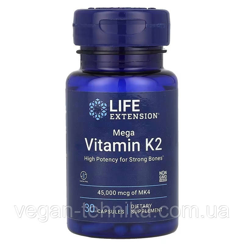 Вітамін К2, 45 мг, Mega Vitamin K2, Life Extension, 30 капсул, фото 1