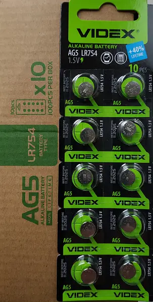 Батарейка таблетка Videx AG5 LR754 LR48 1.5В алкалінові 10шт, батарейки для годинників, іграшок, пультів, фото 1