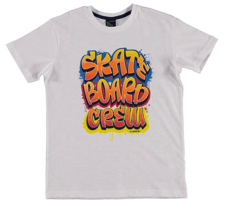 Футболка для хлопчика LC Waikiki білого кольору з написом Skate board crew 100% бавовна