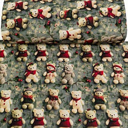 Ранфорс digital 5D шириною 240 см "Маленькі в'язані ведмедики на сірій рогожці", №5840