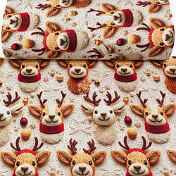 Ранфорс digital 5D шириною 240 см "В'язані олені з шарфами на бежевому тлі", №5843