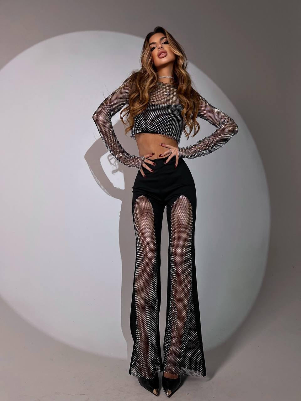 Жіночий вечірній костюм із топом і штанами зі стразами, фото 1