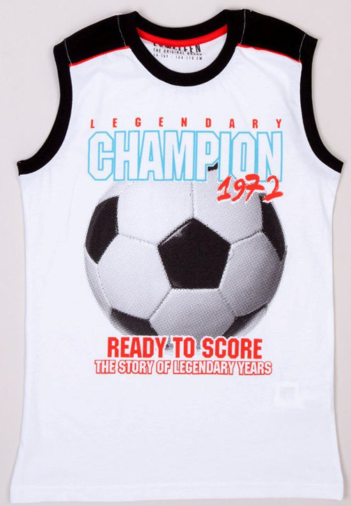 Майка для хлопчика LC Waikiki білого кольору з м'ячем і написом Legendary champio 1972 100% бавовна