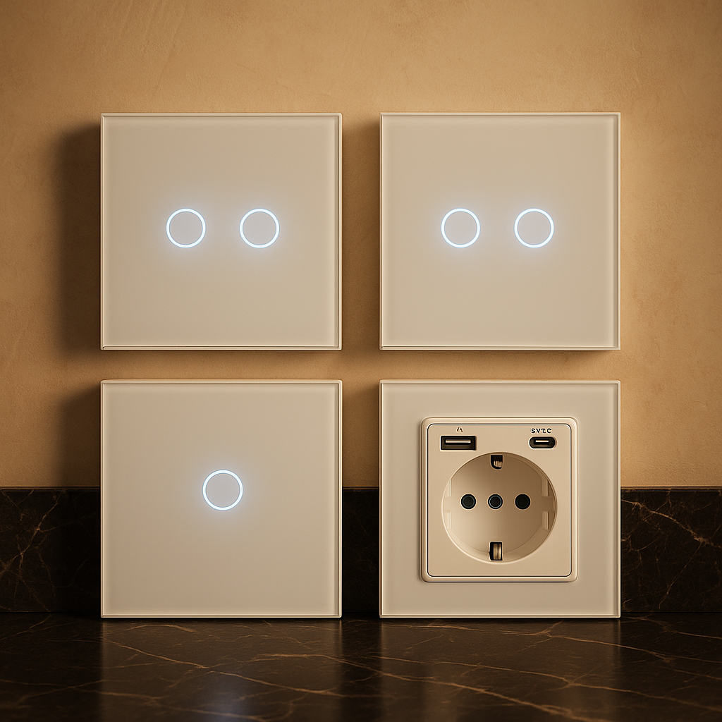 Сенсорні вимикачі світла Palermo білі Одинарний і Подвійні 2 шт + Розетка NYWP з USB і Type C зі скляною панеллю