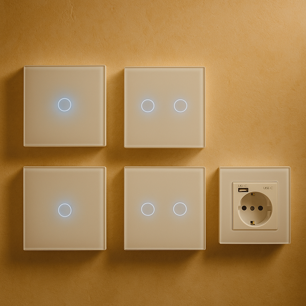 Сенсорні вимикачі світла Palermo білі Одинарні 2 шт і Подвійні 2 шт + Розетка NYWP з USB і Type C зі скляною панеллю