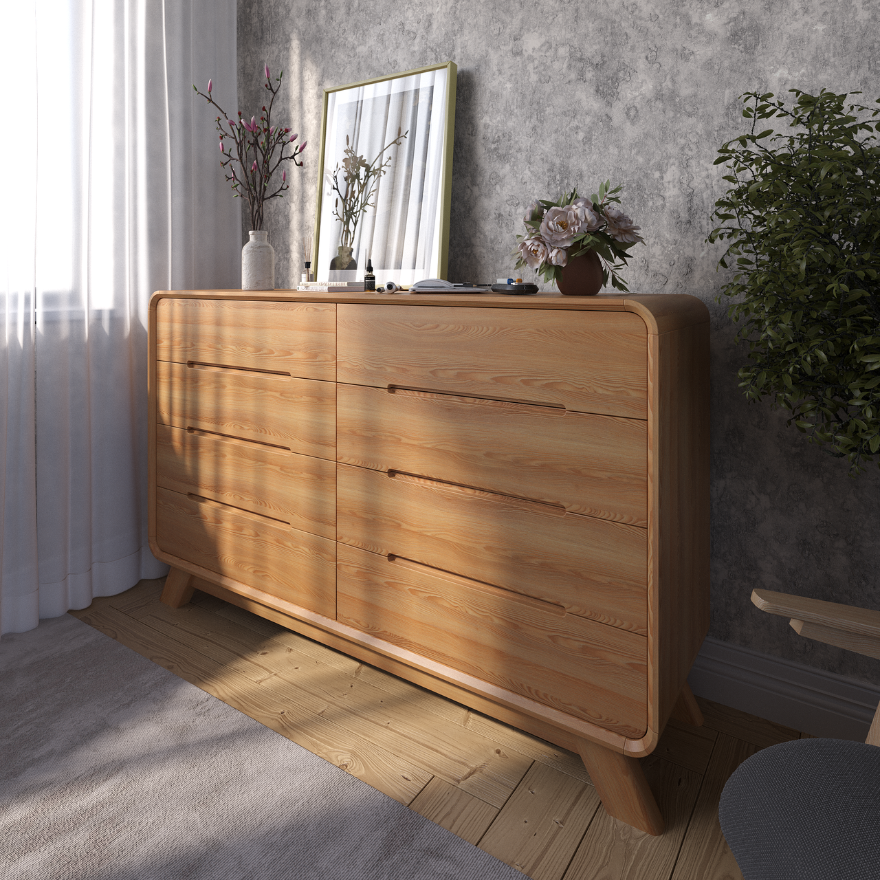Широкий комод «Норд» на 8 ящика з масиву ясена в натуральному кольорі, фото 1