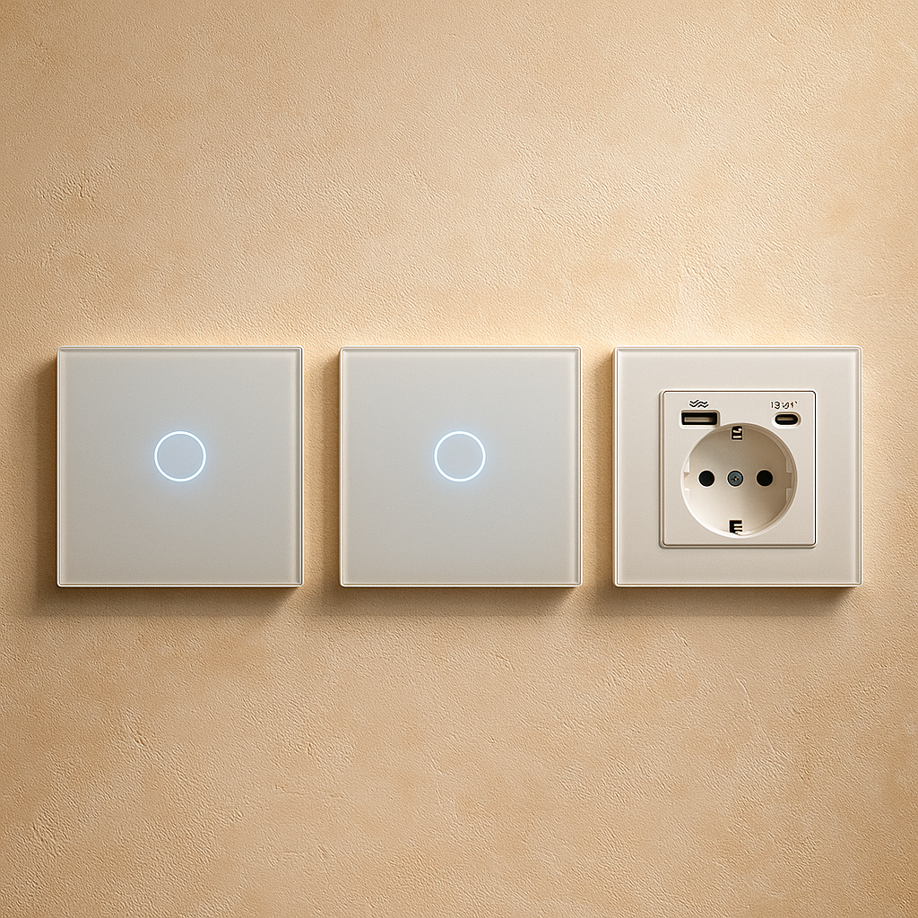 Сенсорні вимикачі світла Palermo білі Одинарні 2 шт + Розетка NYWP з USB і Type C зі скляною панеллю