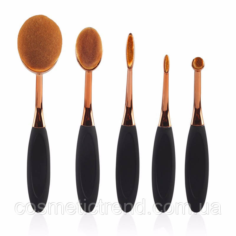 Набір професійних пензлів для макіяжу "зубна щітка овал" (5 шт.) Makeup Oval Toothbrush Set black/gold