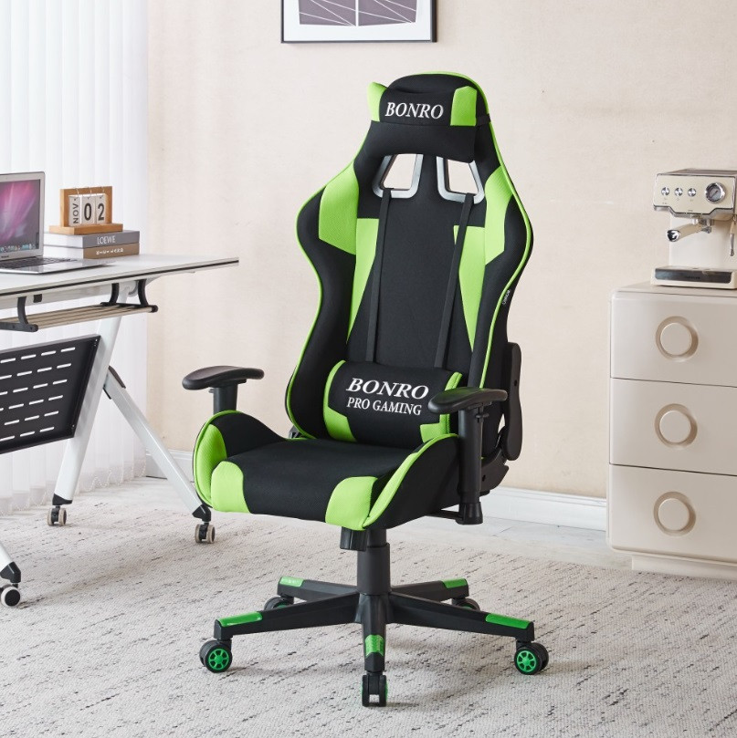 Крісло геймерське офісне тканинне з двома подушками Bonro B-142 чорно-зелена, фото 1