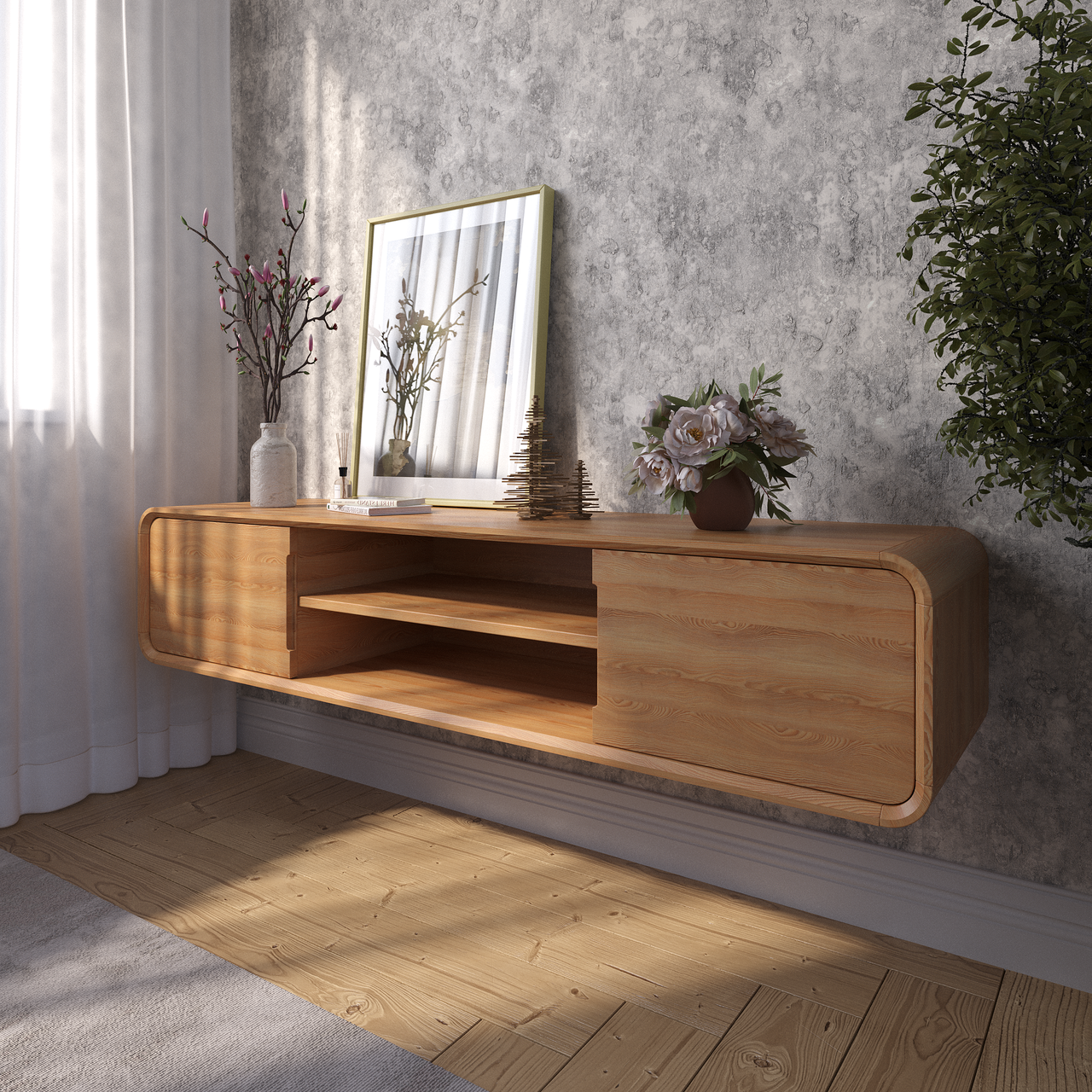 Навісна тумба під TV "Норд" на 2 дверки з натурального дерева Ясен, фото 1