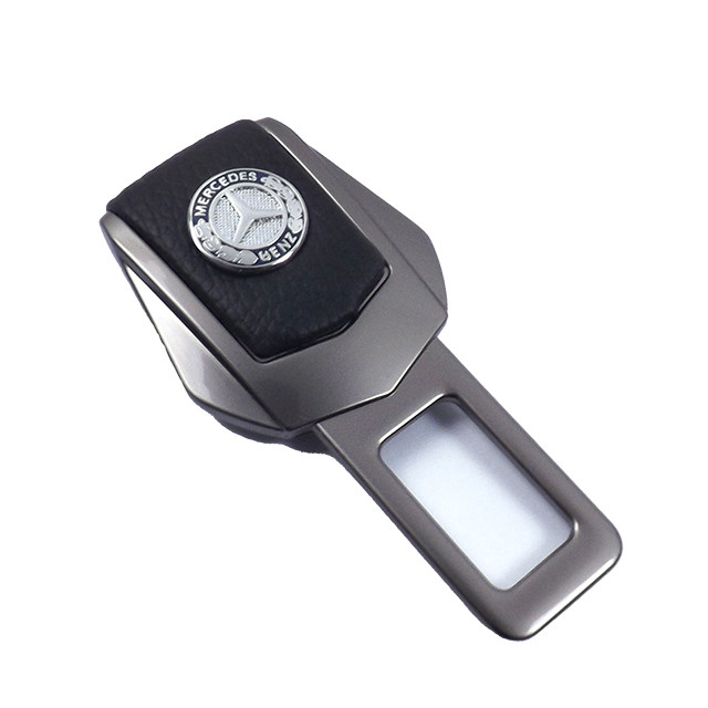 Заглушка ременя безпеки метал "Mercedes" (1шт) цинк.сплав + шкіра (тип №2) ГРАФІТ, фото 1