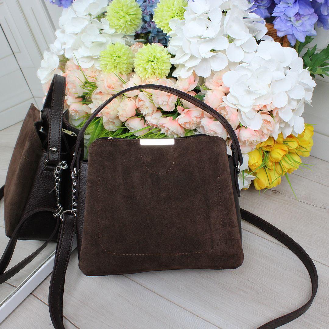 Невелика жіноча сумочка через плече сумка коричнева натуральна замша+шкірзам