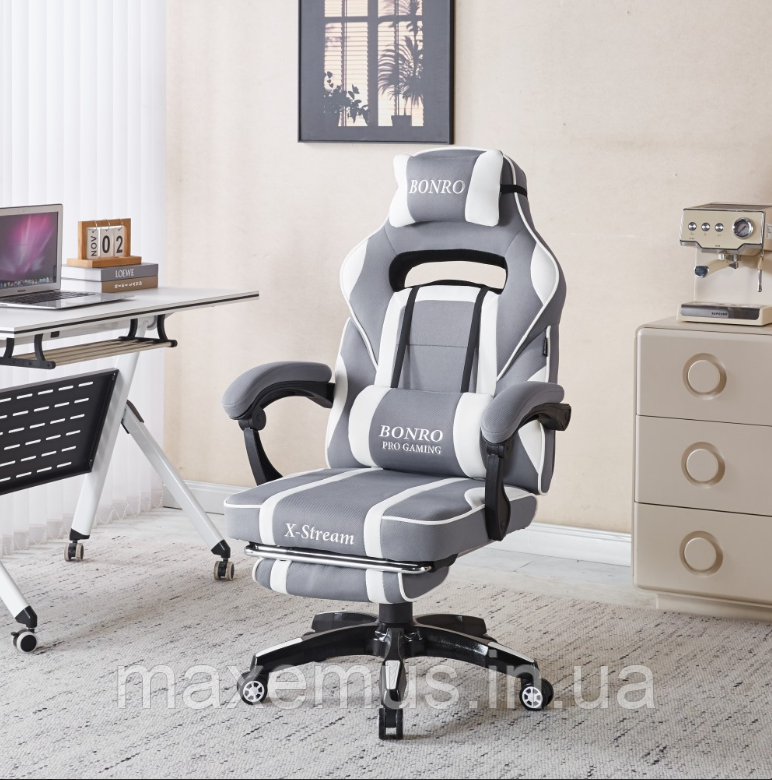 Комп'ютерне крісло для геймера з тканини з підставкою для ніг та регулюванням спинки B-141 біло-сіре, фото 1