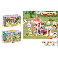 111-434 E Дитячий ігровий будиночок із флаковими тваринами, меблями та підсвіткою, комплект у коробці