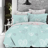 Комплект постельного белья евро с простыней на резинке Бирюзовые сердочки