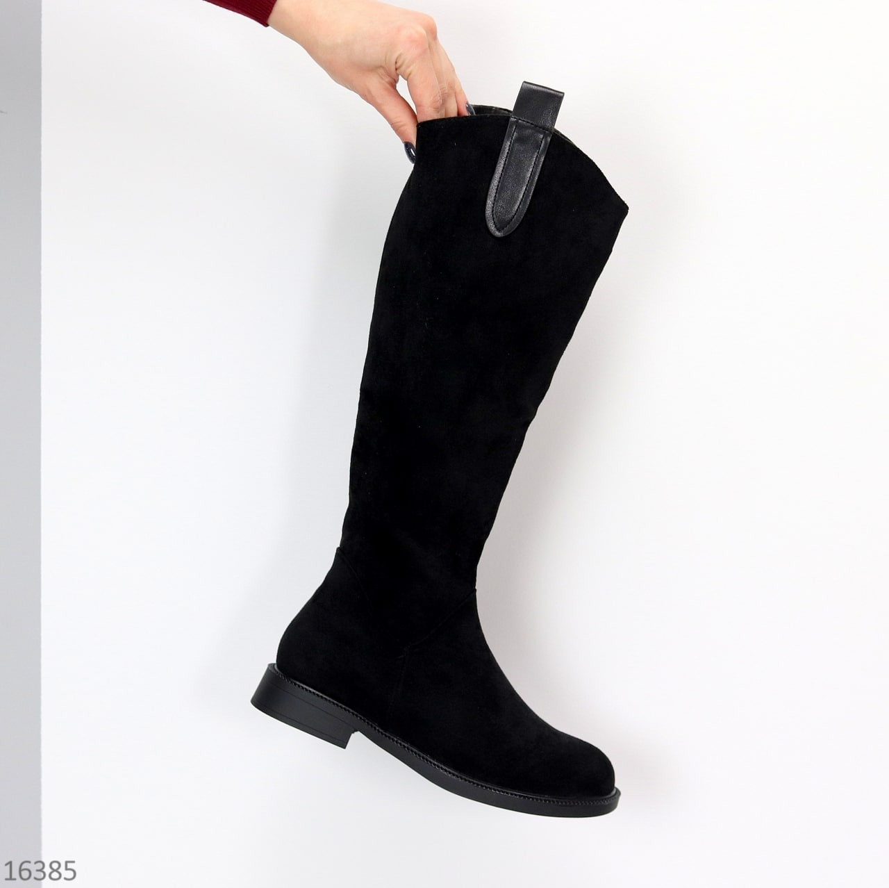 Повсякденні високі чорні зимові чоботи замшеві низький хід, фото 1